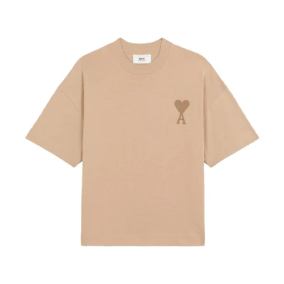 (Women) AMI PARIS Beige Embroidered Heart Logo Crewneck T-Shirt FW21. A21FJ128726-250