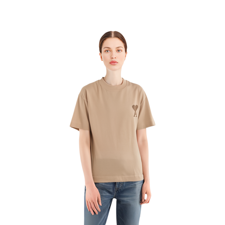 Details for (W) AMI PARIS Beige T-Shirt Leher Bulat Logo Hati Sulam FW21. A21FJ128726-250
