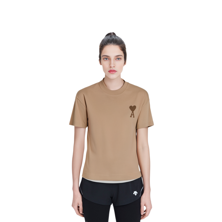 Sizing (W) AMI PARIS Beige T-Shirt Leher Bulat Logo Hati Sulam FW21. A21FJ128726-250
