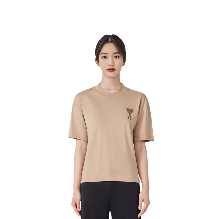 Cheap (W) AMI PARIS Beige T-Shirt Leher Bulat Logo Hati Sulam FW21. A21FJ128726-250