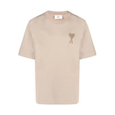 (Women) AMI PARIS Beige Oversized Heart Logo Embroidered Crewneck T-Shirt. A21HJ128726-250
