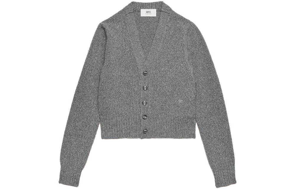(Women) AMI Paris  Grey Cardigan with Tonal Heart Embroidery. FKC127005-055