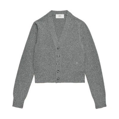 (Women) AMI Paris Grey Cardigan with Tonal Heart Embroidery. FKC127005-055