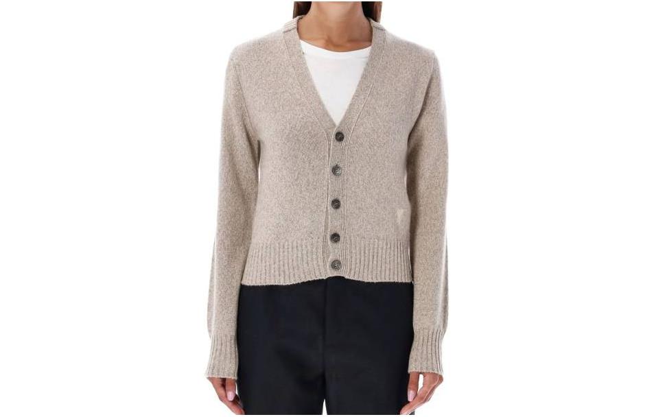 (Women) AMI PARIS  Grey V-Neck Long Sleeve Cardigan Sweater FKC127005265