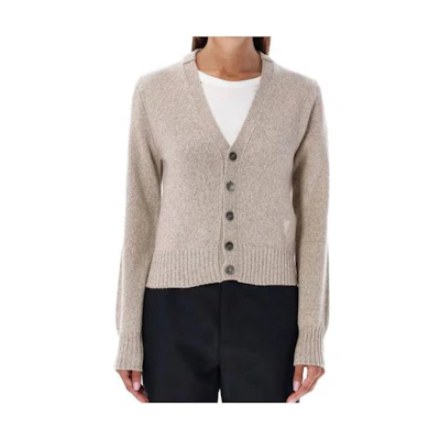 (Women) AMI PARIS Grey V-Neck Long Sleeve Cardigan Sweater FKC127005265
