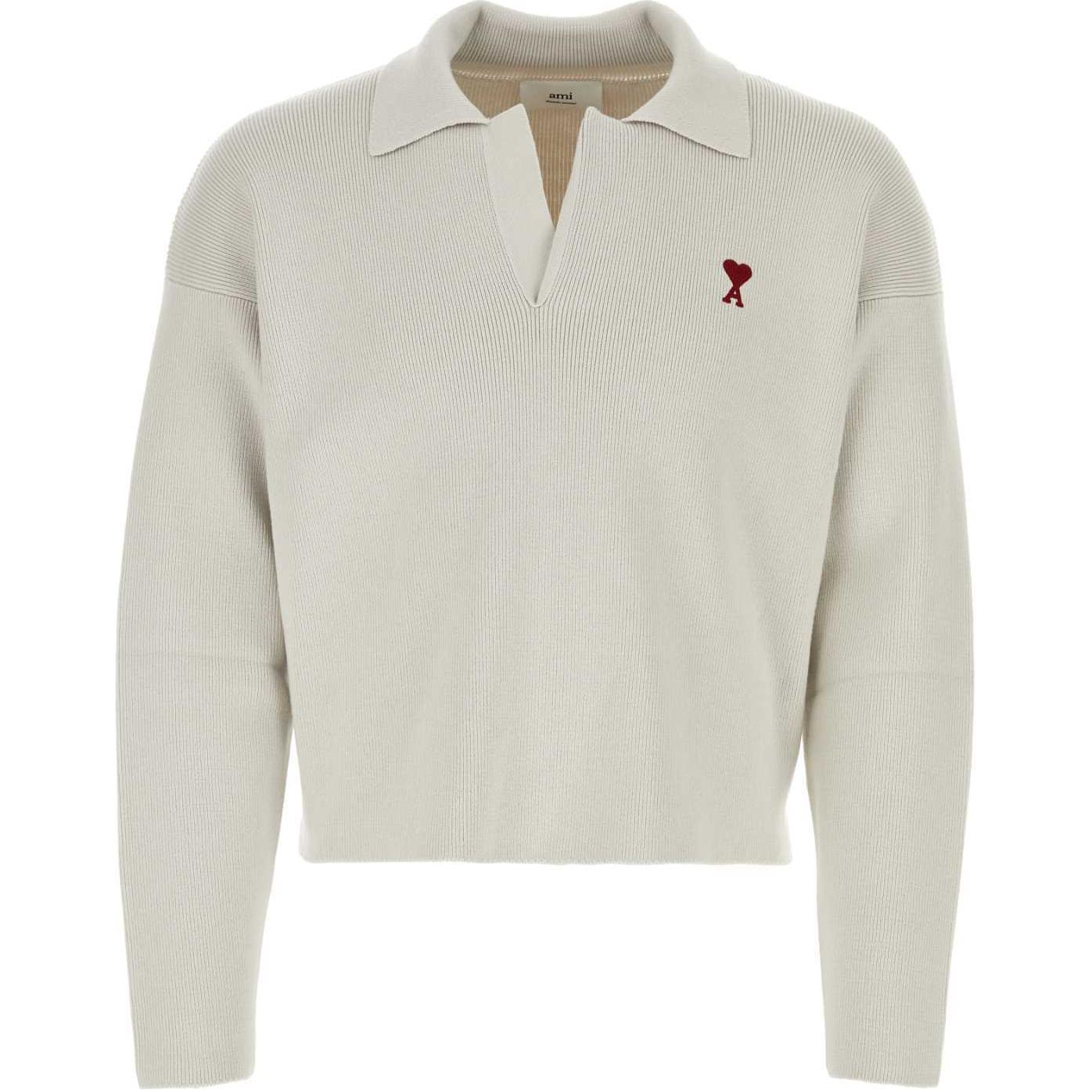 (Women) AMI PARIS  Heart Embroidered Knit Long Sleeve Polo Shirt Grey White. UPL346KN0042193