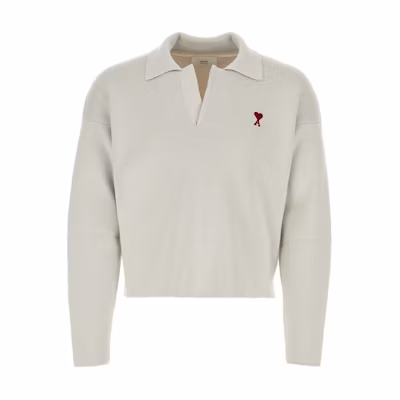 (Women) AMI PARIS Heart Embroidered Knit Long Sleeve Polo Shirt Grey White. UPL346KN0042193