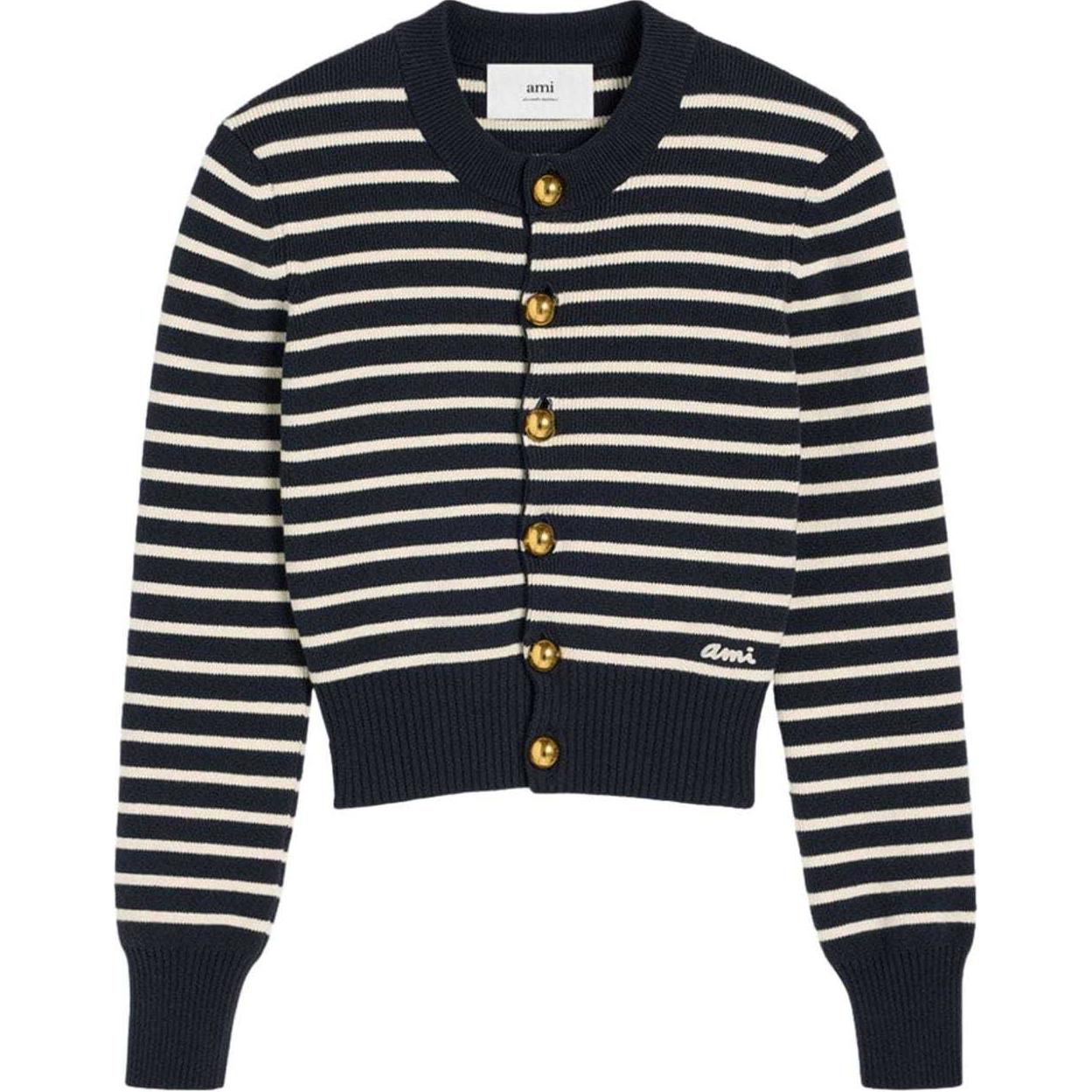 (Women) AMI PARIS  Navy Blue Striped Logo Long Sleeve Cardigan Sweater. FKC039KN0061-4023