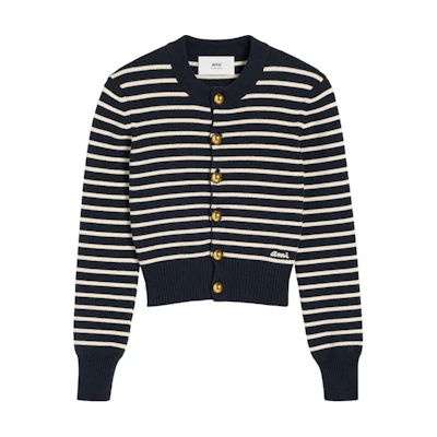 (Women) AMI PARIS Navy Blue Striped Logo Long Sleeve Cardigan Sweater. FKC039KN0061-4023