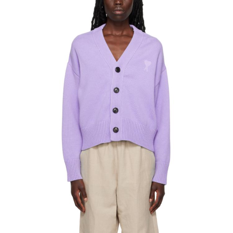 (Women) AMI Paris  Purple V-Neck Button Cardigan Long Sleeve Sweater. SPUKC008016-507