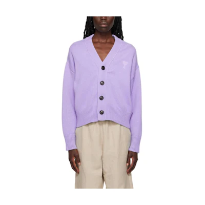 (Women) AMI Paris Purple V-Neck Button Cardigan Long Sleeve Sweater. SPUKC008016-507