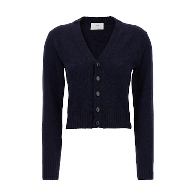 (Women) AMI Paris Solid Button Knit Sweater Blue FKC127005430