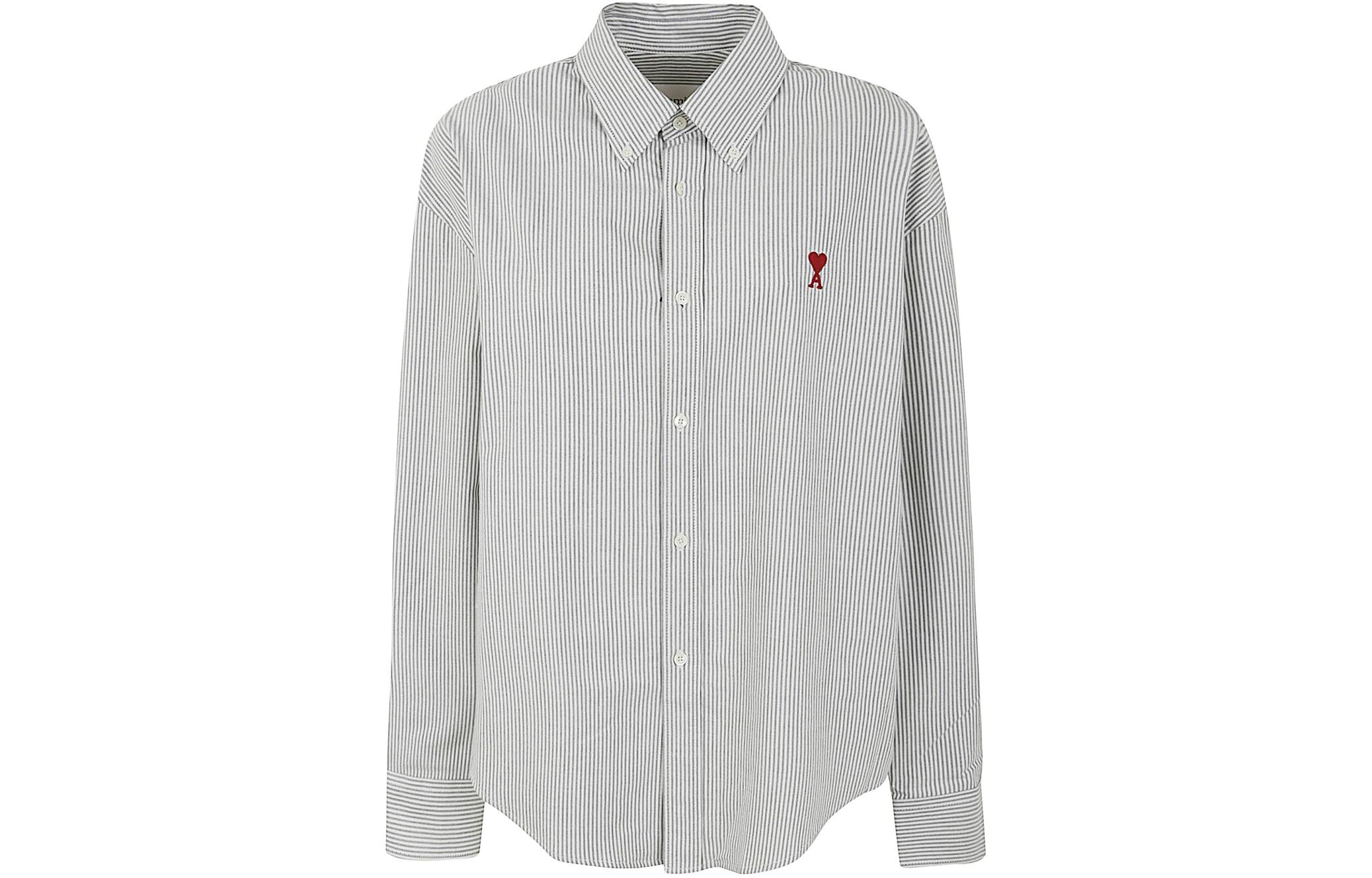 (Women) AMI PARIS  White Long Sleeve Shirt with Red Heart Stripes Design USH130CO0021D-039