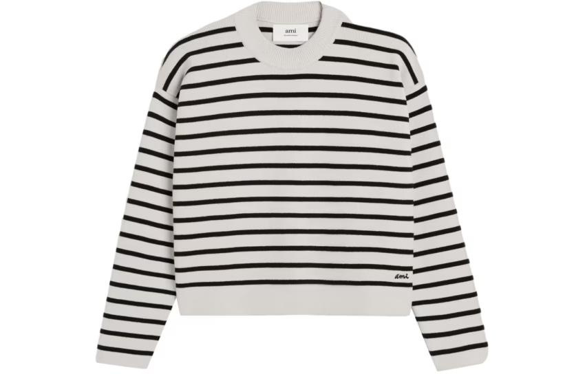 (Women) AMI PARIS  White Striped Crewneck Loose-Fit Sweater UKS036KN0041-194
