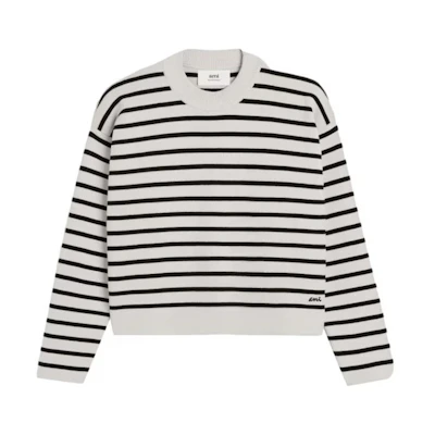 (Women) AMI PARIS White Striped Crewneck Loose-Fit Sweater UKS036KN0041-194