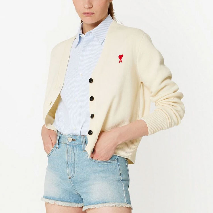 (Women) Ami Paris AMIPARIS  Beige Heart V-Neck Button-Up Knit Cardigan Long Sleeve. FKC010001-709 圖 4