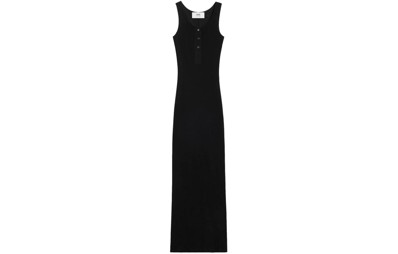 (Women) Ami Paris AMIPARIS  Black Slim-Fit Ribbed Sleeveless Long Dress. FDR334JE005-5001