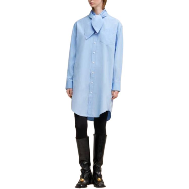 Lookbook (W) Ami Paris Vestido Camisa Midi Azul de Manga Larga con Cuello Bufanda. FDR104CO0063-484