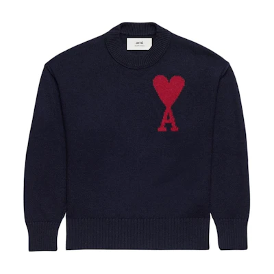 (Women) Ami Paris AMIPARIS Loose Fit Crewneck Sweater with Heart Embroidery - Navy Blue UKS006018-414