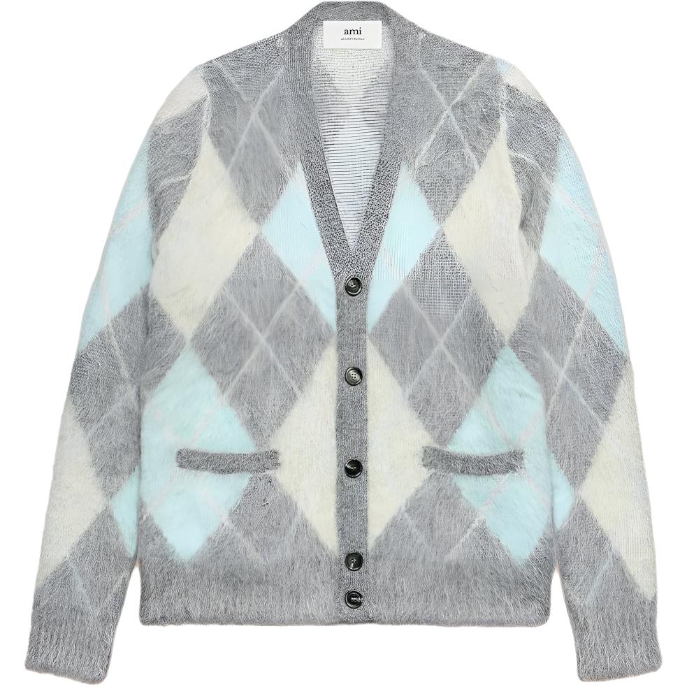 (Women) Ami Paris AMIPARIS  Loose V-Neck Mohair Diamond Knit Sweater Long Sleeve Pullover UKC018KN0030093