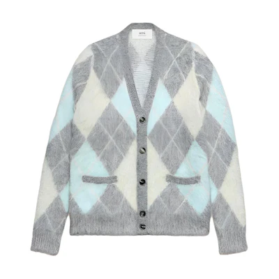 (Women) Ami Paris AMIPARIS Loose V-Neck Mohair Diamond Knit Sweater Long Sleeve Pullover UKC018KN0030093