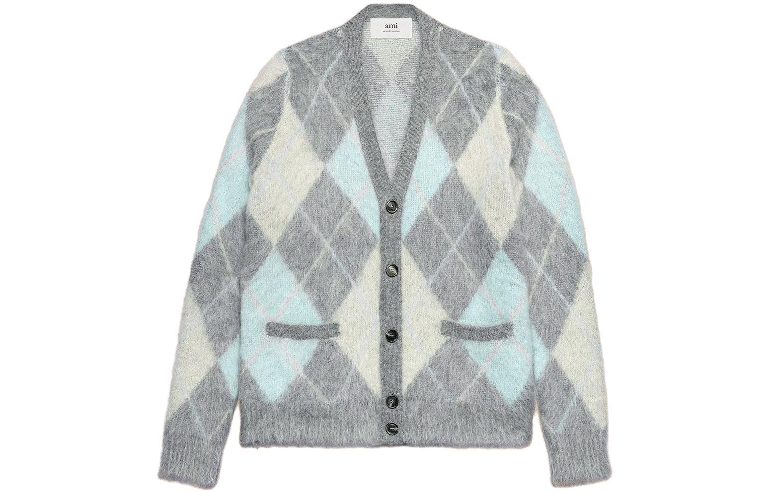 Order (W) Ami Paris Sweater Long Sleeve V-Neck Mohair Diamond Knit Pullover Loose Fit UKC018KN0030093