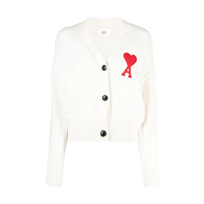 (Women) Ami Paris AMIPARIS FW21 White Cardigan Sweater with Logo Heart Embroidery. A21FK303016-100