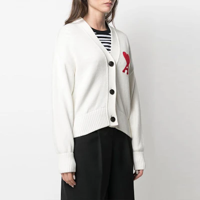 (Women) Ami Paris AMIPARIS FW21 White Cardigan Sweater with Logo Heart Embroidery. A21FK303016-100 Purchase (Women) Ami Paris AMIPARIS FW21 White Cardigan Sweater with Logo Heart Embroidery. A21FK303016-100