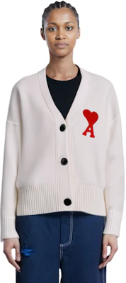 (Women) Ami Paris AMIPARIS FW21 White Cardigan Sweater with Logo Heart Embroidery. A21FK303016-100 Details for (Women) Ami Paris AMIPARIS FW21 White Cardigan Sweater with Logo Heart Embroidery. A21FK303016-100