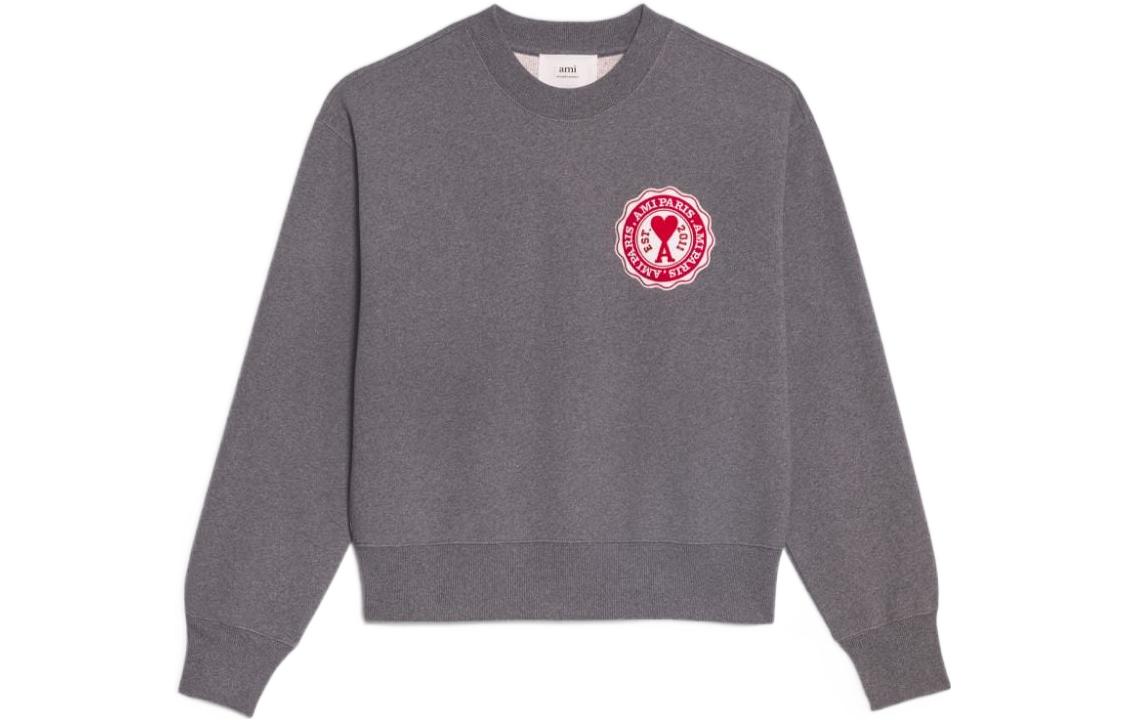 (Women) Ami Paris AMIPARIS FW22  Grey Logo Crewneck Long Sleeve Casual Pullover Sweater. USW011739-055