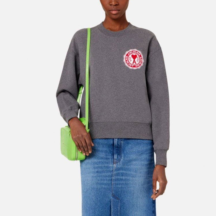 Shop (Women) Ami Paris AMIPARIS FW22  Grey Logo Crewneck Long Sleeve Casual Pullover Sweater. USW011739-055