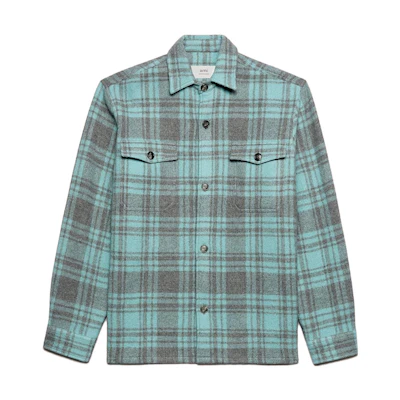 (Women) Ami Paris AMIPARIS FW23 Oversized Wool Check Shirt Jacket in Blue. UJK226WV0014469