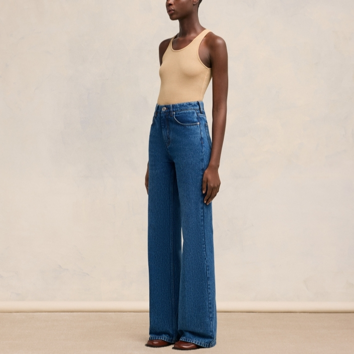 Lookbook (W) Ami Paris Seluar Jeans Flared Pinggang Tinggi Vintage Biru FW24. FTR420DE0031-480