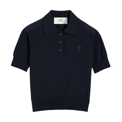 (Women) Ami Paris AMIPARIS FW24 Knitted Wool Short-Sleeve Polo Navy Blue FPL041KN0039-430