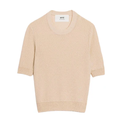 (Women) Ami Paris AMIPARIS SS24 Fitted Khaki Crewneck Knit Short Sleeve Tee. FTS037KN0044-721