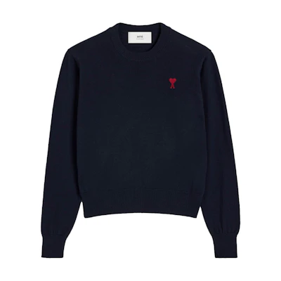 (Women) Ami Paris AMIPARIS SS24 Navy Blue Heart Pattern Knit Pullover Sweater. BFFKS111KN0025-NAVY