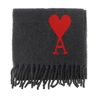 (Women) AMI Paris Embroidered Heart Wool Scarf Women’s Dark Grey USF409336061
