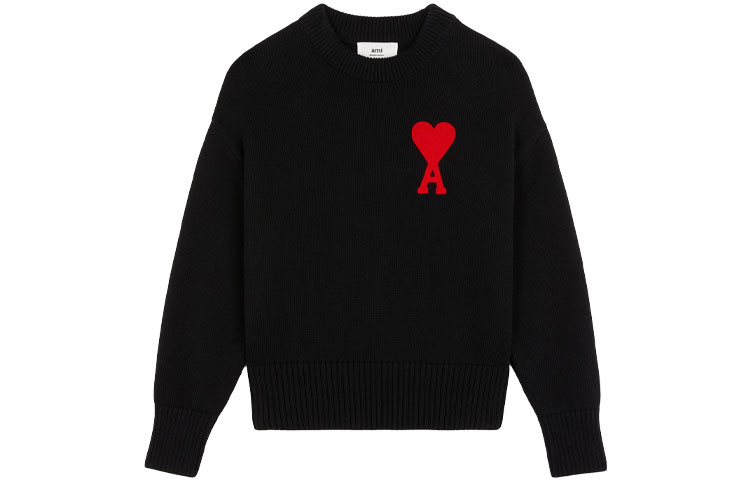 (Women) AMI Paris FW21  Black Knit Sweater with Red Heart Logo. A21FK009-016001