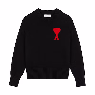 (Women) AMI Paris FW21 Black Knit Sweater with Red Heart Logo. A21FK009-016001