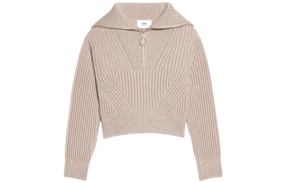 (Women) AMI Paris FW22  Beige Half-Zip Ribbed Long-Sleeve Sweater. FKS601027-250