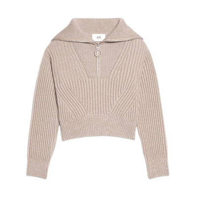 (Women) AMI Paris FW22 Beige Half-Zip Ribbed Long-Sleeve Sweater. FKS601027-250