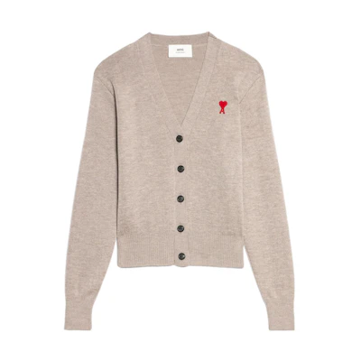 (Women) AMI Paris FW22 Heart Pattern V-Neck Button Knit Cardigan - Khaki. FKC010001-250