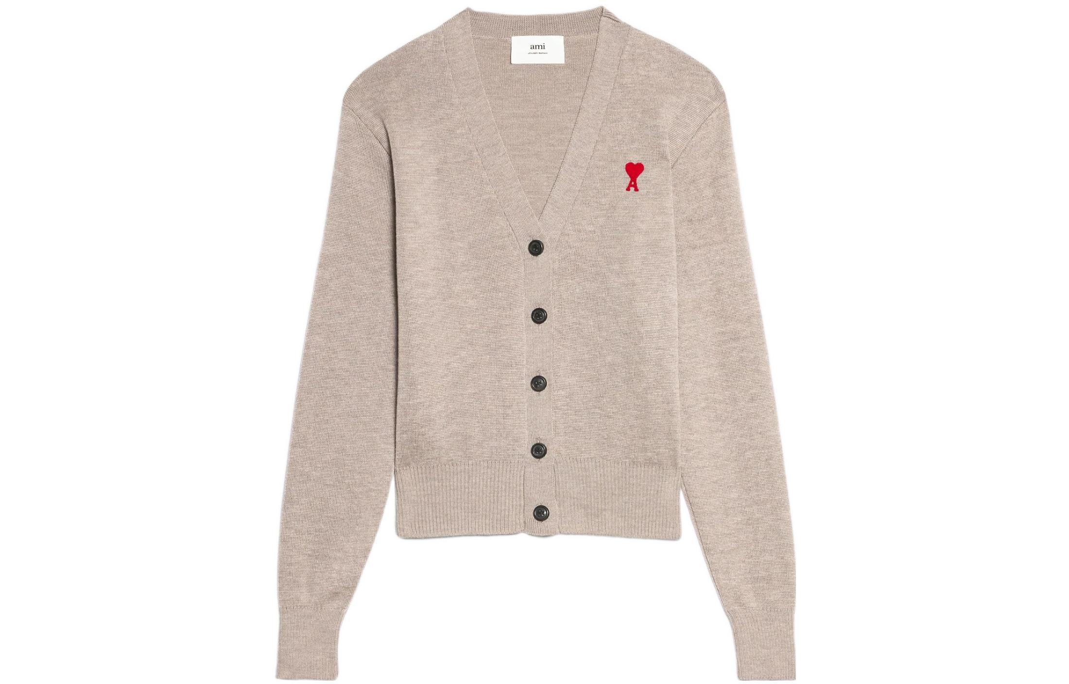 (Women) AMI Paris FW22  Heart Pattern V-Neck Button Knit Cardigan - Khaki. FKC010001-250 圖 2
