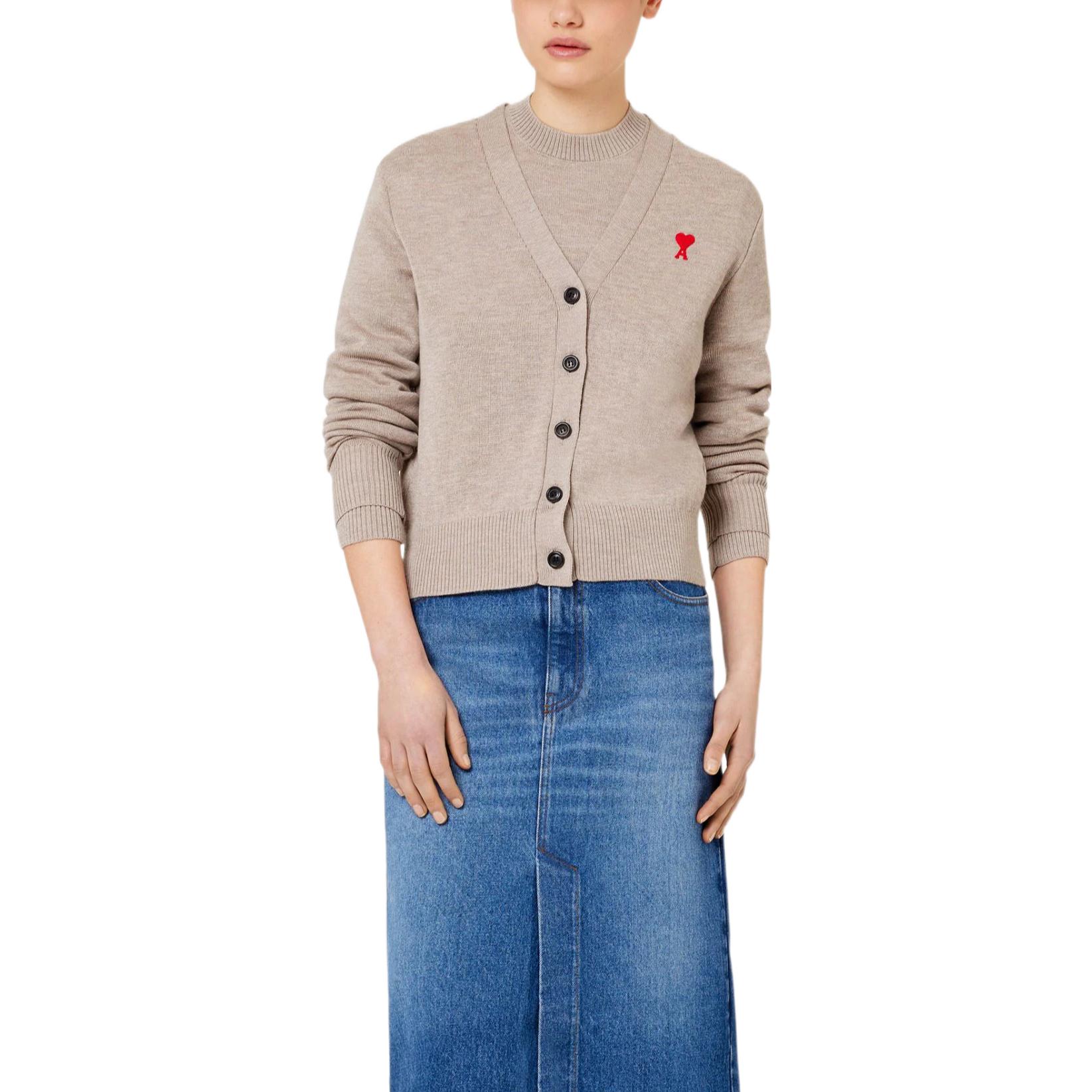 (Women) AMI Paris FW22  Heart Pattern V-Neck Button Knit Cardigan - Khaki. FKC010001-250 圖 3