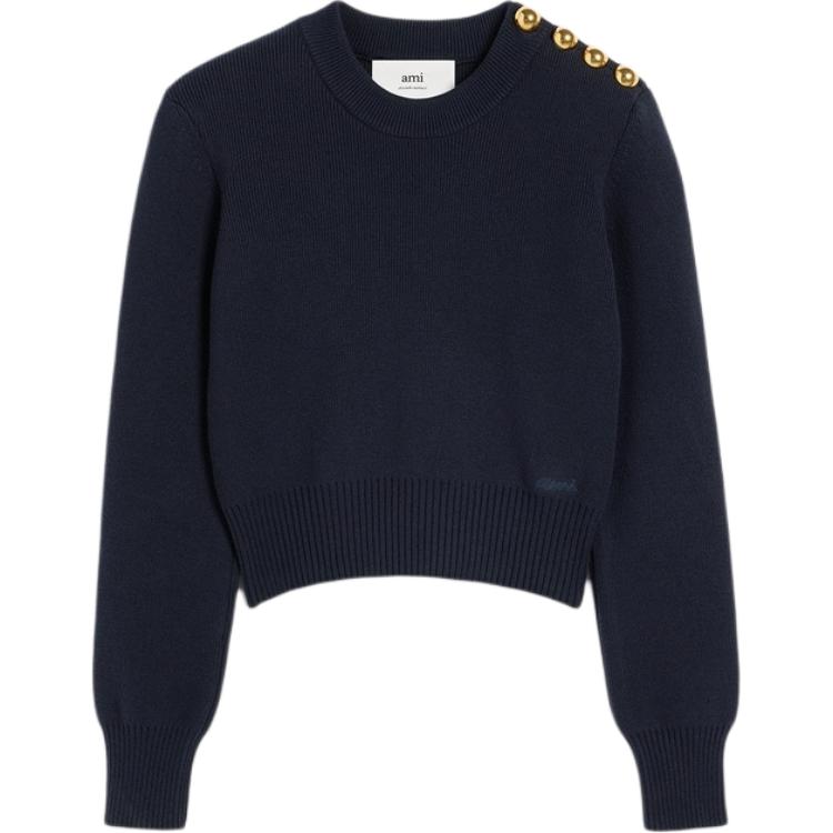 (Women) AMI Paris FW24  Slim-Fit Embroidered Pullover Sweater Navy Blue FKS039KN0055-4011