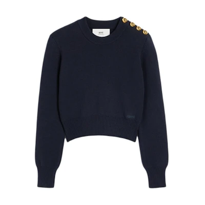 (Women) AMI Paris FW24 Slim-Fit Embroidered Pullover Sweater Navy Blue FKS039KN0055-4011