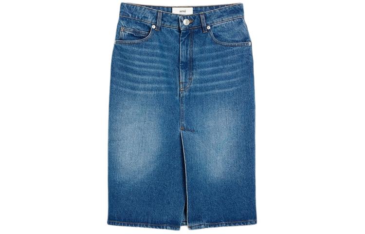 (Women) AMI PARIS SS24 Low-Waist Zipper Denim Pencil Skirt Women - Vintage Blue FSK233DE0025-480