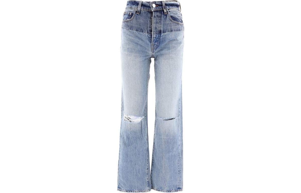 (Women) AMIRI  Washed Distressed High-Waist Straight-Leg Blue Jeans. PF22WDF008-931