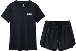 (Women) Anta Black Casual Set - Letter Tee & Mid-Waist Drawstring Shorts 962327202-3 (Women) Anta Black Casual Set - Letter Tee & Mid-Waist Drawstring Shorts 962327202-3
