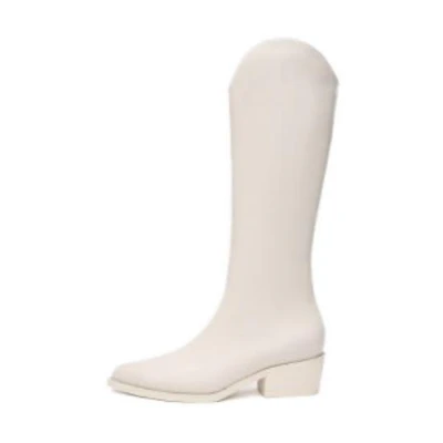 (W) Aokang 'Simple Pointed Toe Chunky Heel High Boot White'